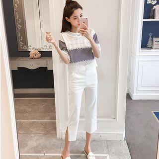 Set: Short-sleeve Panel Top + Cropped Pants
