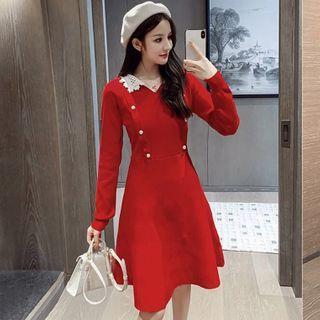 V-neck Long-sleeve Lace A-line Knit Dress