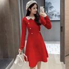 V-neck Long-sleeve Lace A-line Knit Dress