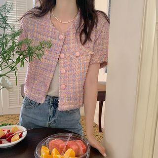 Short-sleeve Plaid Jacket Light Purple - One Size