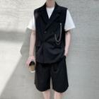 Set: Chain Accent Double-breasted Vest + Plain Shorts