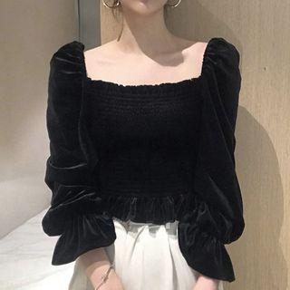 Bell-sleeve Velvet Smocked Top Black - One Size