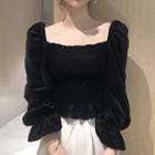 Bell-sleeve Velvet Smocked Top Black - One Size