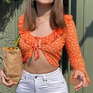 Long-sleeve Scoop Neck Floral Ruffle-trim Crop Top