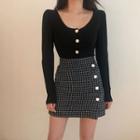 Long-sleeve Plain Top / High-waist Pattern Printed Skirt