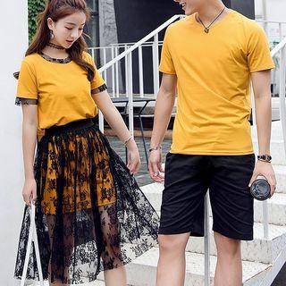 Couple Matching Short-sleeve T-shirt / Shorts / Set: Short-sleeve Long T-shirt + Lace Midi Skirt