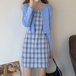 Plaid Spaghetti Strap Mini Sheath Dress / Plain Cardigan