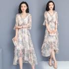 Set: Slipdress + Flower Print Elbow-sleeve Midi A-line Dress