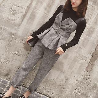 Set: Plaid Sleeveless Top With Belt + Straight Cut Pants