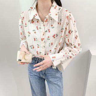 Printed Cherry Striped Button-up Shirt As Shown In Figure - One Size