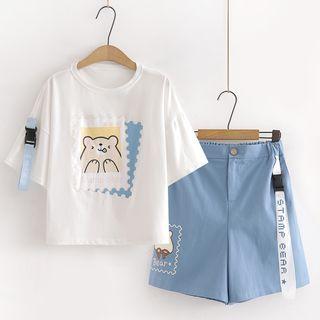 Short-sleeve Cartoon Bear Print T-shirt / Lettering Strap Shorts