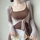 Set: Spaghetti Strap Ruffle Hem Maxi Sheath Dress + Long-sleeve Wrap T-shirt