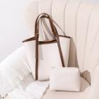 Set: Contrast Trim Faux Leather Tote Bag + Pouch
