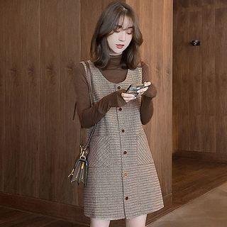 Set: Long-sleeve Mock-neck Top + Plaid Button-up Mini Pinafore Dress