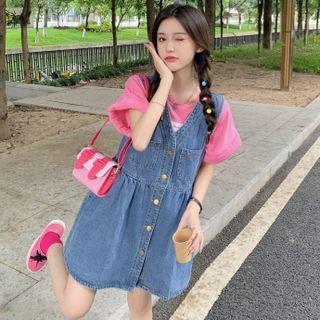 Short-sleeve Lettering T-shirt / Denim Overall Dress
