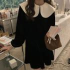 Long-sleeve Wide Collar Mini A-line Dress Black - One Size