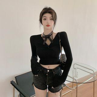 Long-sleeve Mesh Panel Shirred T-shirt