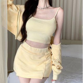 Cropped Camisole Top / Hooded Zip Jacket / Mini Skirt