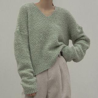 Drop-shoulder V-neck Boucl  Sweater
