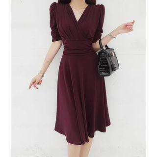 Wrap-front Shirred Midi Flare Dress