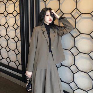 Plain Single-breasted Blazer / Midi A-line Skirt