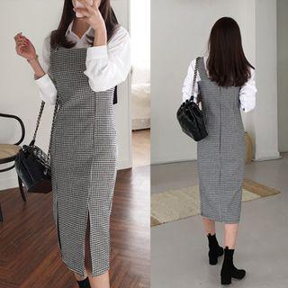Deep-slit Houndstooth Long Dress