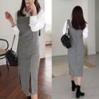 Deep-slit Houndstooth Long Dress