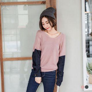 Denim Paneled Sleeve Pom Hoodie
