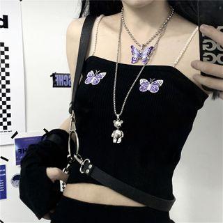 Beaded Shoulder Strap Butterfly Cropped Top