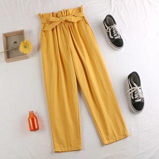 Plain Tie-waist Straight-cut Cropped Pants