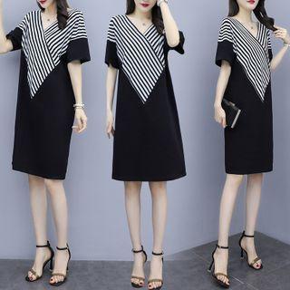 Elbow-sleeve V-neck Striped Shift Dress