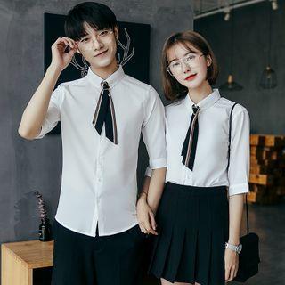 Plain Elbow-sleeve Shirt With Necktie