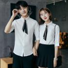 Plain Elbow-sleeve Shirt With Necktie