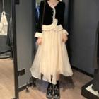 Two-tone Frill Trim Velvet Blouse / Mesh Midi A-line Skirt