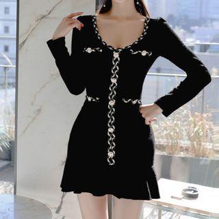 Long-sleeve Contrast Trim Mini Mermaid Dress