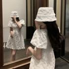 Set: Puff-sleeve Rhinestone A-line Dress + Bucket Hat
