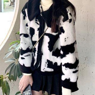 Cow Print Zipped Jacket Black & White - One Size