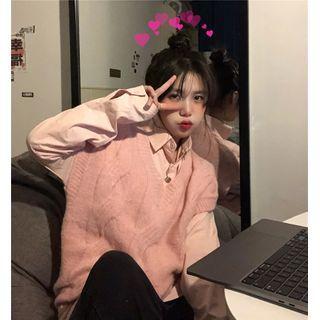 Long-sleeve Shirt + V-neck Knit Vest