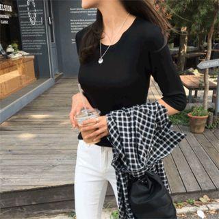 Elbow-sleeve Slim-fit T-shirt Black - One Size