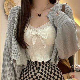 Bow Accent Ruched Camisole Top / Long-sleeve Knit Jacket