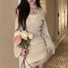 Spaghetti Strap Mesh Mini Bodycon Dress / Cold-shoulder Light Jacket