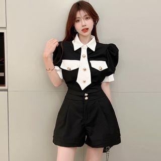 Contrast Collar Blouse / Wide Leg Shorts
