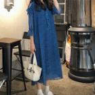 Dotted 3/4-sleeve Ruffle Midi Chiffon Dress Blue - One Size