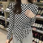 Chessboard Asymmetrical Long-sleeve Top Black & White - One Size