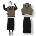 Long-sleeve T-shirt / Contrast Trim Knit Vest / Midi Straight-fit Skirt