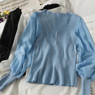 Skinny Chiffon-sleeve Light Knit Top