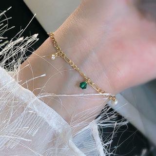 925 Sterling Silver Rhinestone Leaf Bracelet Bracelet - Feather - Crystal - Green - One Size