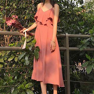 Strappy Ruffle A-line Midi Dress