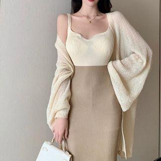 Spaghetti Strap Two-tone Knit Dress / Long Cardigan