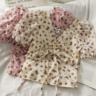 Printed Drawstring V-neck Blouse